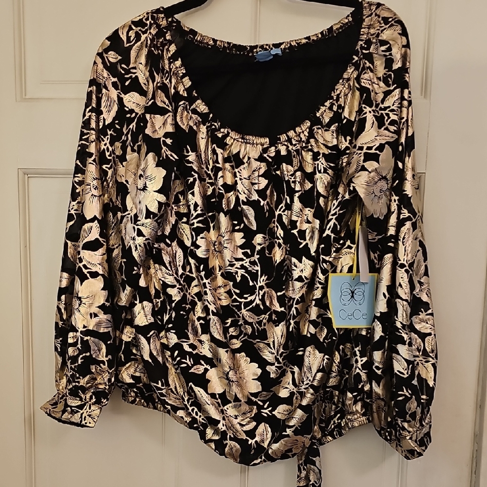 Size Large CeCe Black and Metallic gold Tie Front Blouse